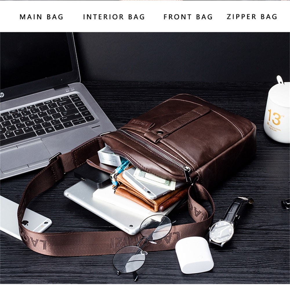 LAOSHIZILUOSEN Top Layer Leather Crossbody IPad Bag Men'S Fashion Trend Bag- Coffee LAOSHIZILUOSEN Top Layer Leather Crossbody IPad Bag Men'S Fashion Trend Bag- Coffee
